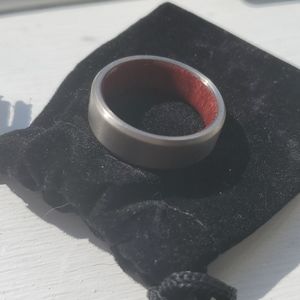 Wedding band with wood inlay